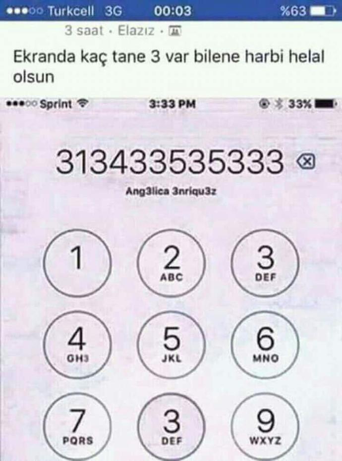 Ekran görüntüsünde kaç tane 3 var ??