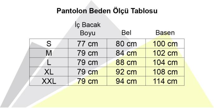 Kot pantolon beden ölçüsü tablosu;
