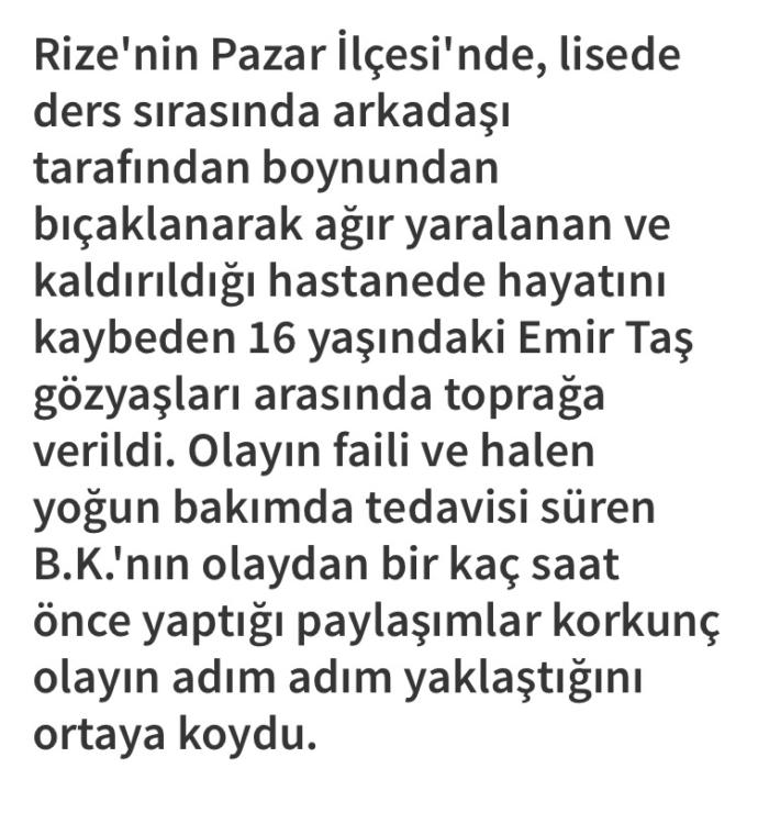 Rize'de Sınıf Öğrencisi derste arkadaşının boğazını bıçakla kesip öldürdü, yeni eğitim disiplinleri için ne düşünüyorsunuz?