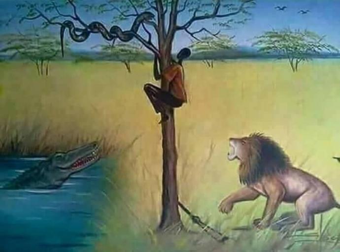 Resimdeki ağaçta mahsur kalan adam hayatta kalma adına nasıl bir yol izlemeli?