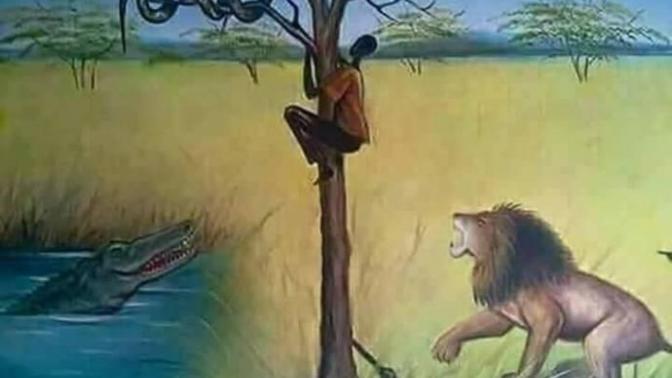 Resimdeki ağaçta mahsur kalan adam hayatta kalma adına nasıl bir yol izlemeli?