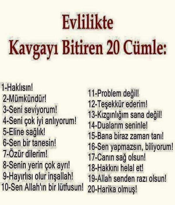 Evlilikte kavgayı bitiren 20 cümle sizce nekadar doğru ??