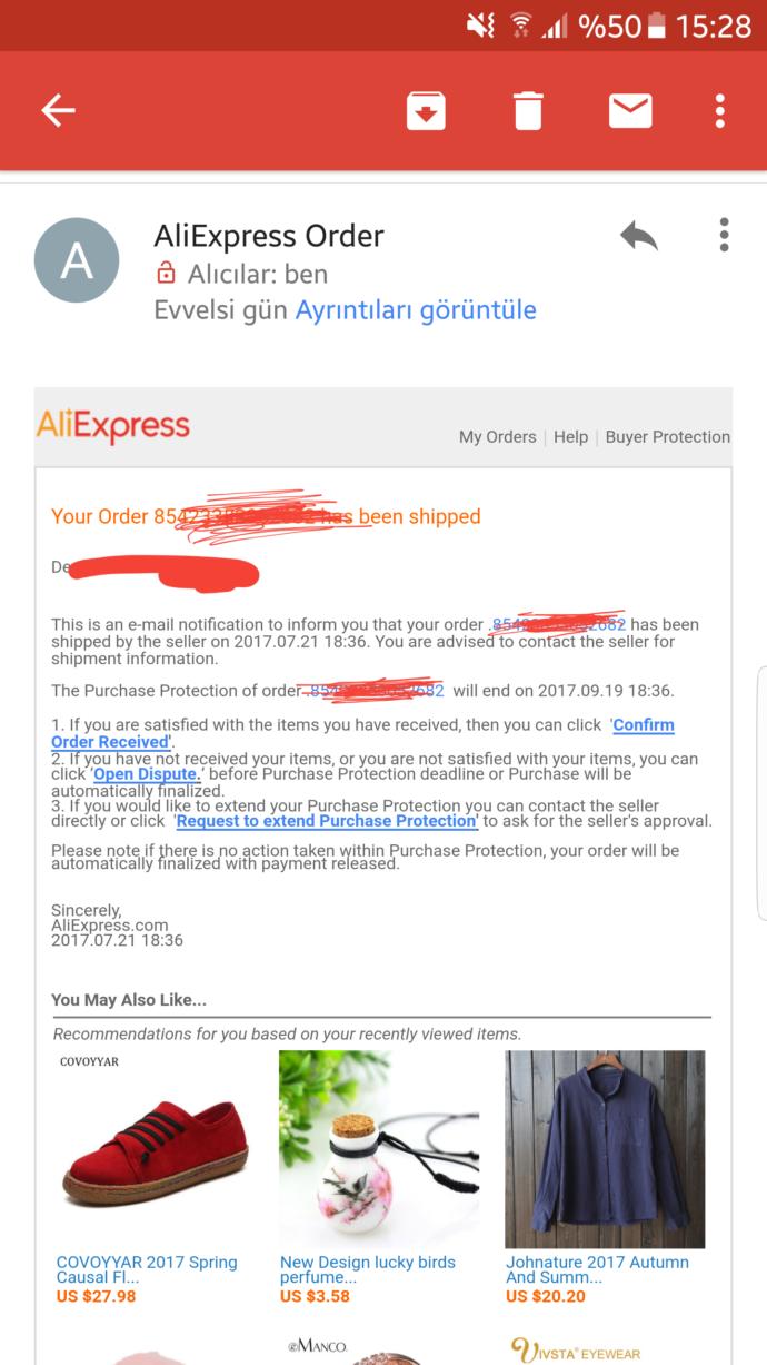 Aliexpress ten alisveris yaptim mail ime boyle mesaj geldi ne yapmam lazim ? Parami odedim odetikten bir gun snra geldi ?