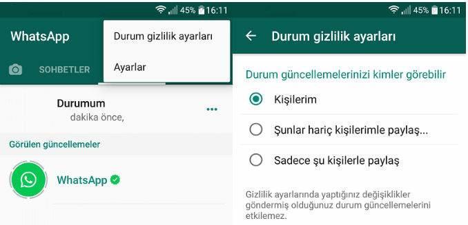 WhatsApp durum gizlilik ayarı