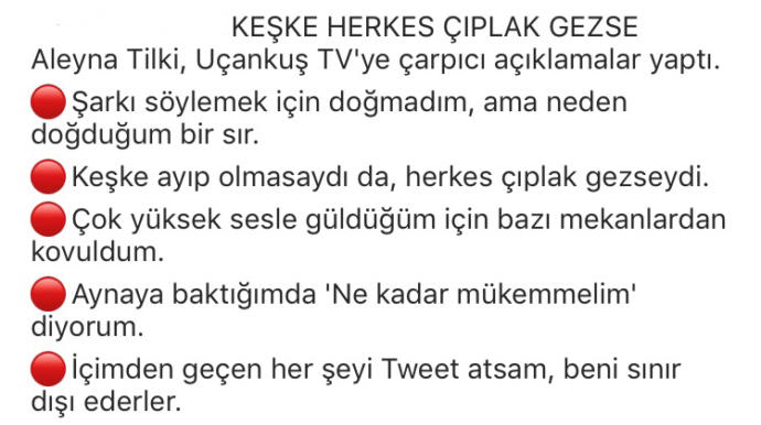 Aleyna Tilki diyorki, keşke ayıp olmasaydıda herkes çıplak gezseydi😀 Evet ne düşünüyorsunuz, yorumları görelim😀?