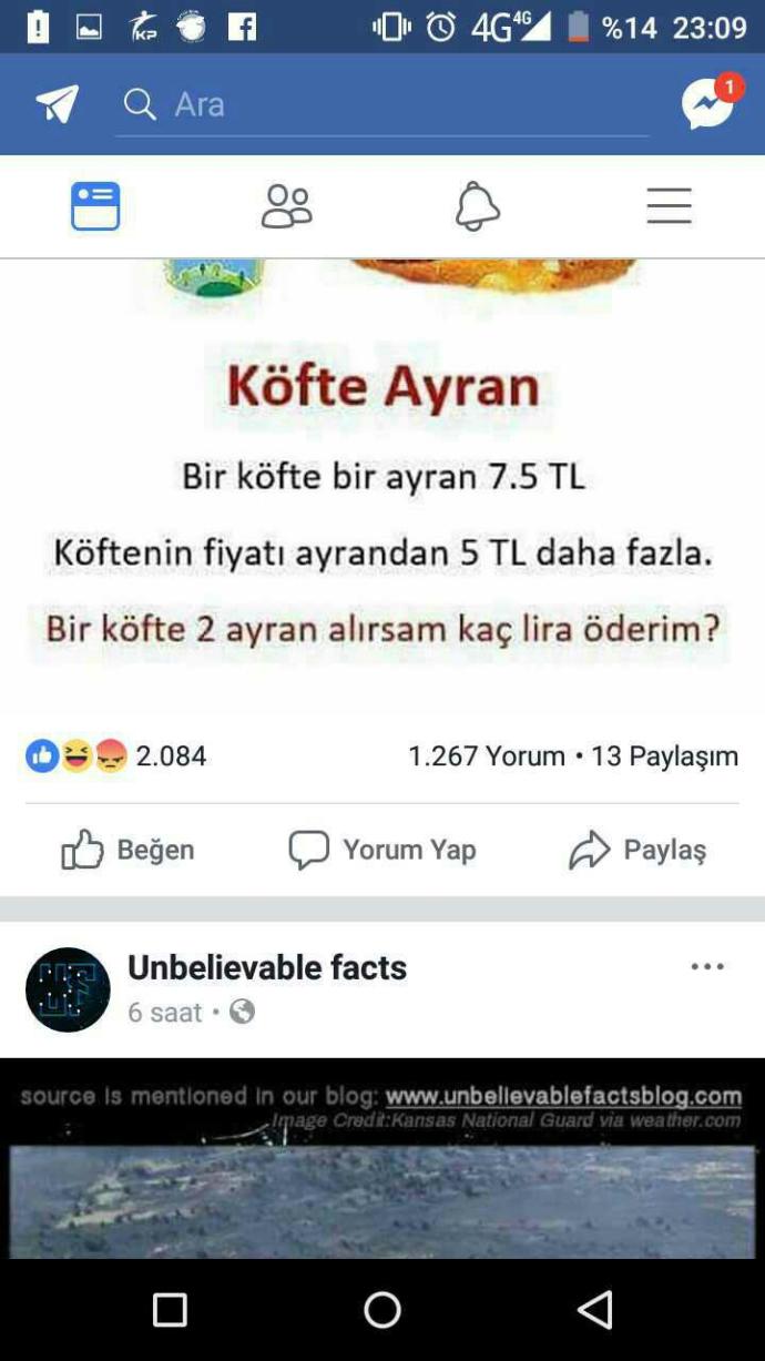 Bir köfte bir ayran 7.5 tl. köftenin fiyatı ayrandan 5 tl fazlaysa bir köfte 2 ayran ne kadardır??