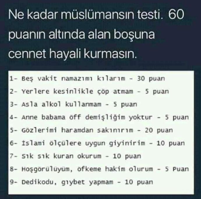Ne kadar müslümansın testi 😂60 altı yallah cehenneme yapın bakalım kaç puan çıkacak?
