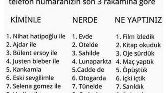 Telefon numaranızın son rakamına göre, kiminle, nerede, ne yaptınız bakalım?