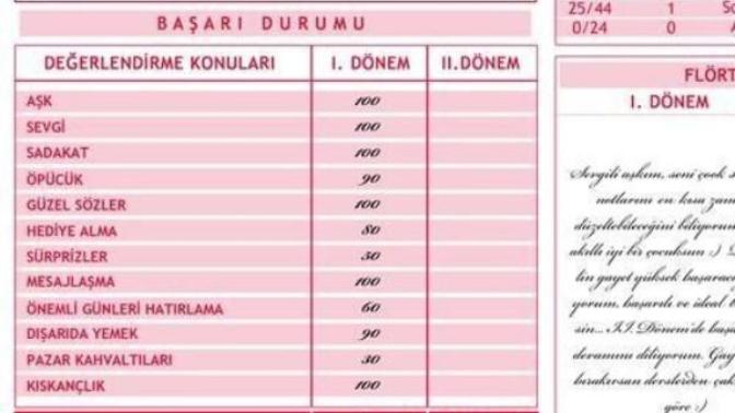 Sevgilinize bir aşk karnesi verecek olsanız, ders notları notları nasıl olurdu?