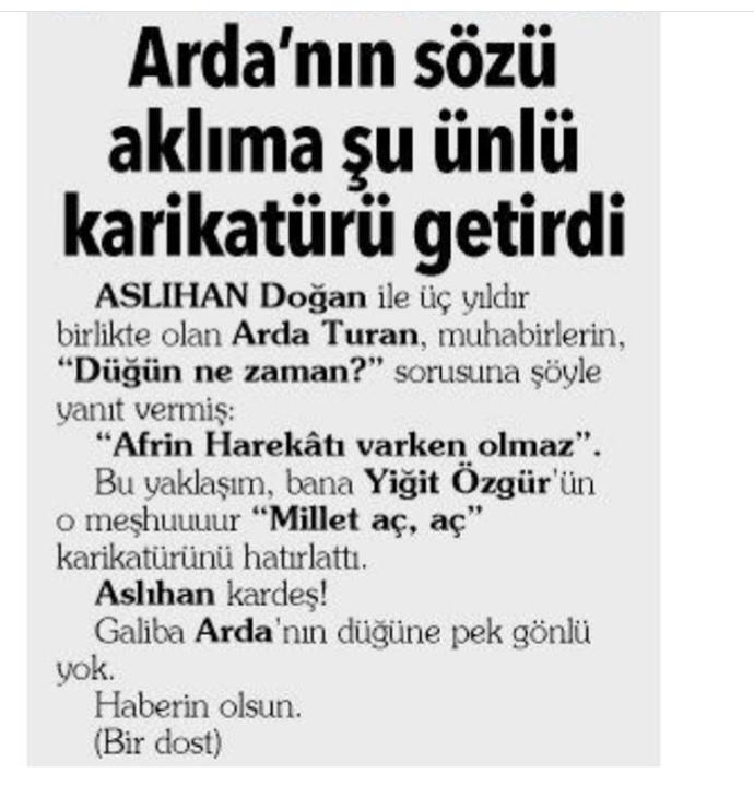 Köşe yazarı Ahmet Hakan,Arda Turan’ın “Savaş varken düğün olmaz”sözlerini “Millet Aç Aç” karikatürüne benzetti, sizce haklı mı?