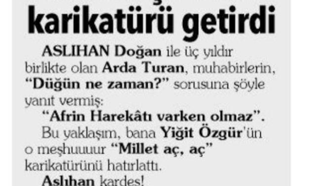 Köşe yazarı Ahmet Hakan, Arda Turan’ın “Savaş varken düğün olmaz”sözlerini “Millet Aç Aç” karikatürüne benzetti, sizce haklı mı?