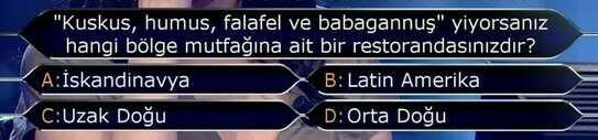 "Kuskus, humus, falafel ve babagannuş" yiyorsanız hangi bölge mutfağına ait bir restotsndasınızdır?