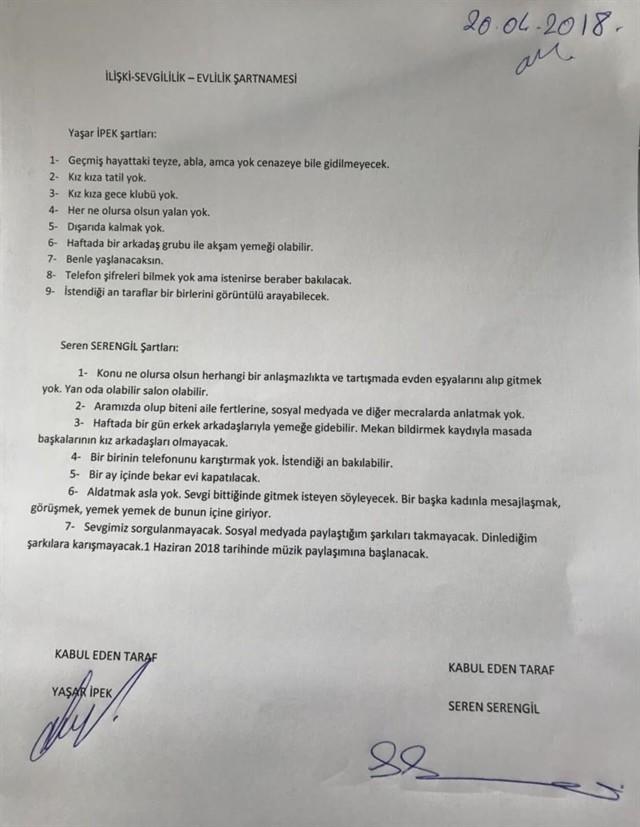 Seren Serengil, Yaşar İpekle sevgililik sözleşmesi imzaladı. Sizin sevgililik sözleşmenizde hangi maddeler yer alabilir?