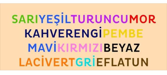 Resme bakın ve gördüğünüz renkleri sırasıyla söyleyin. bir tane renk ve yazı doğru eşleşiyor, hangisi?