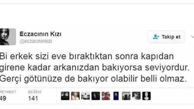 Kızı eve bırakırken arkasından bakan erkek seviyor mudur, manzarayı mı izliyordur?