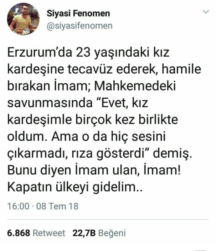 İmam kardeşine tecavüz etmiş ne oluyor bize?